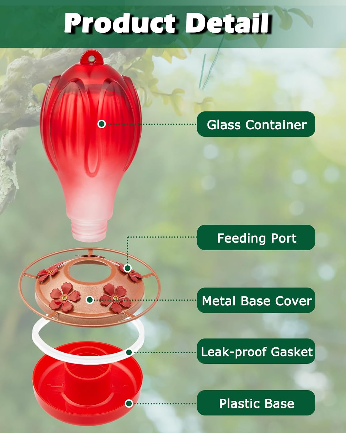 Hummingbird Feeders for Outdoors, 33OZ Glass Hummingbird Feeder with 5 Feeding Port and Perch